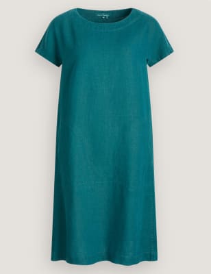 M&S Seasalt Cornwall Womens Pure Linen Round Neck Midi Swing Dress - 12 - Teal, Teal