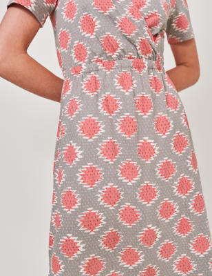 M&S White Stuff Womens Pure Cotton Printed V-Neck Midi Dress - 8 - Grey Mix, Grey Mix,Blue Mix