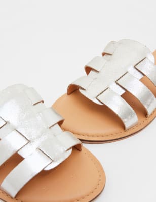 M&S White Stuff Womens Leather Metallic Flat Sliders - 3 - Silver, Silver