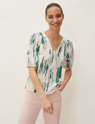 M&S Phase Eight Womens Printed V-Neck Puff Sleeve Top