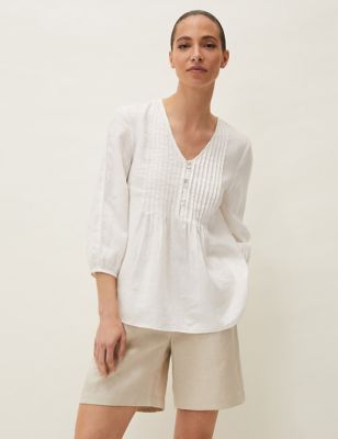 M&S Phase Eight Womens Pure Linen V-Neck Pintuck 3/4 Sleeve Blouse