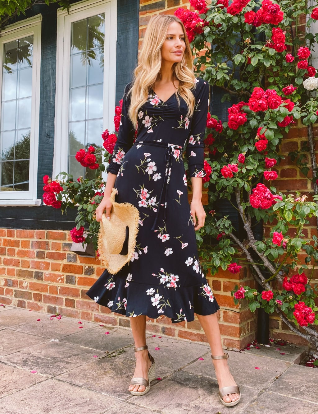 Jersey Floral V-Neck Midi Skater Dress image 1
