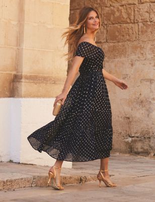 M&S Sosandar Womens Polka Dot Bardot Ruched Midi Skater Dress
