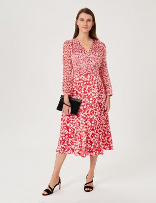 M&S Hobbs Womens Floral V-Neck Button Front Midi Tea Dress