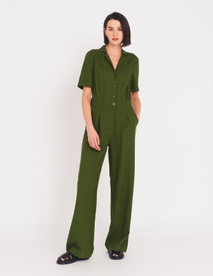 M&S Finery London Womens Linen Button Front Short Sleeve Jumpsuit - 10 - Khaki, Khaki
