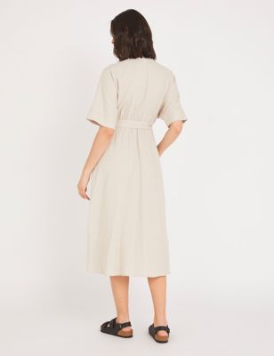 M&S Finery London Womens Linen V-Neck Tie Front Midi Wrap Dress