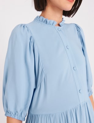 M&S Finery London Womens High Neck Frill Detail Midi Smock Dress - 8 - Light Blue, Light Blue