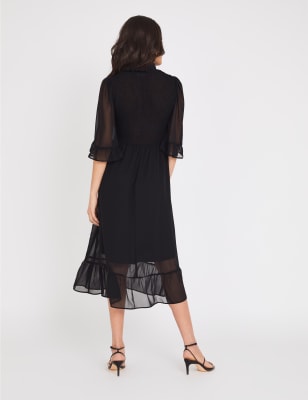 M&S Finery London Womens Chiffon High Neck Shirred Midi Tea Dress - 8 - Black, Black