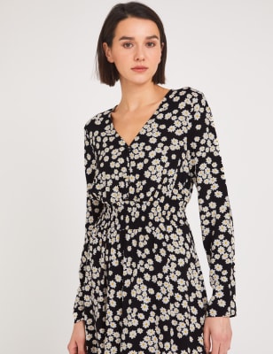 M&S Finery London Womens Floral V-Neck Midi Waisted Dress - 8 - Black Mix, Black Mix