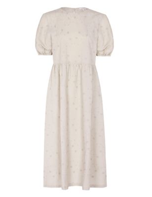 M&S Finery London Womens Linen Rich Embroidered Round Neck Midi Tea Dress
