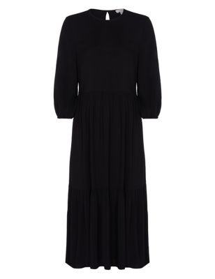 M&S Finery London Womens Round Neck Blouson Sleeve Midi Tiered Dress