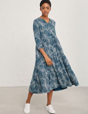 M&S Seasalt Cornwall Womens Pure Cotton Printed Midi Waisted Dress