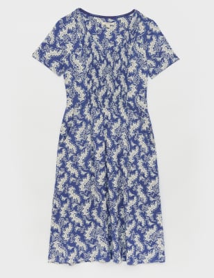 M&S White Stuff Womens Jersey Leaf Print V-Neck Midi Tea Dress - 6 - Blue, Blue