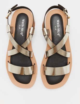 M&S White Stuff Womens Leather Metallic Ankle Strap Flat Sandals - 3 - Gold, Gold