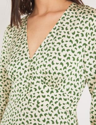 M&S Finery London Womens Printed V-Neck Button Detail Midi Tea Dress