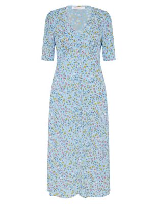 M&S Finery London Womens Floral V-Neck Short Sleeve Midi Tea Dress