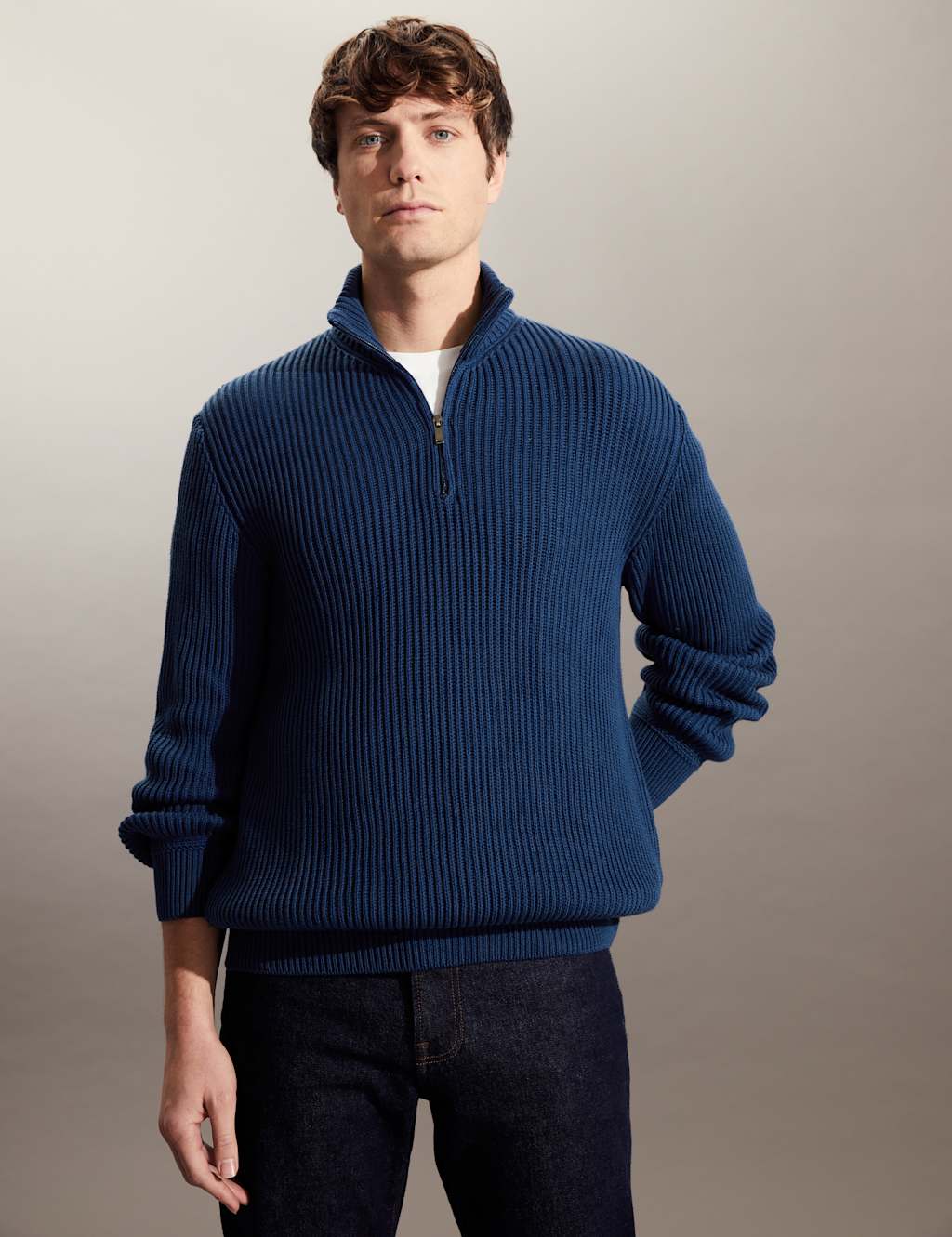 Pure Cotton Ribbed Half Zip Jumper image 4