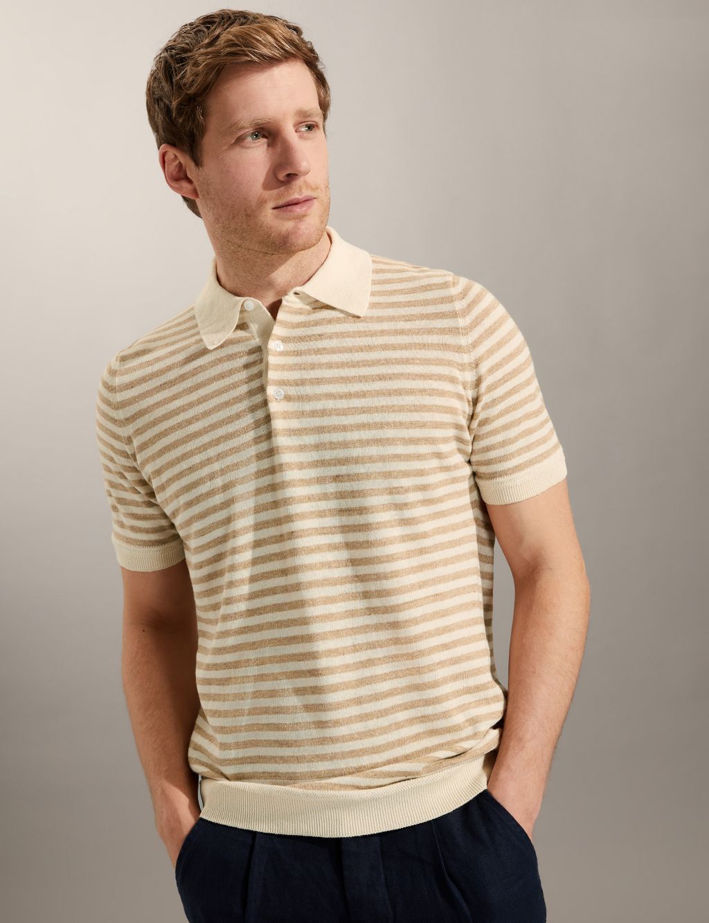 Linen Rich Striped Polo Shirt image 1
