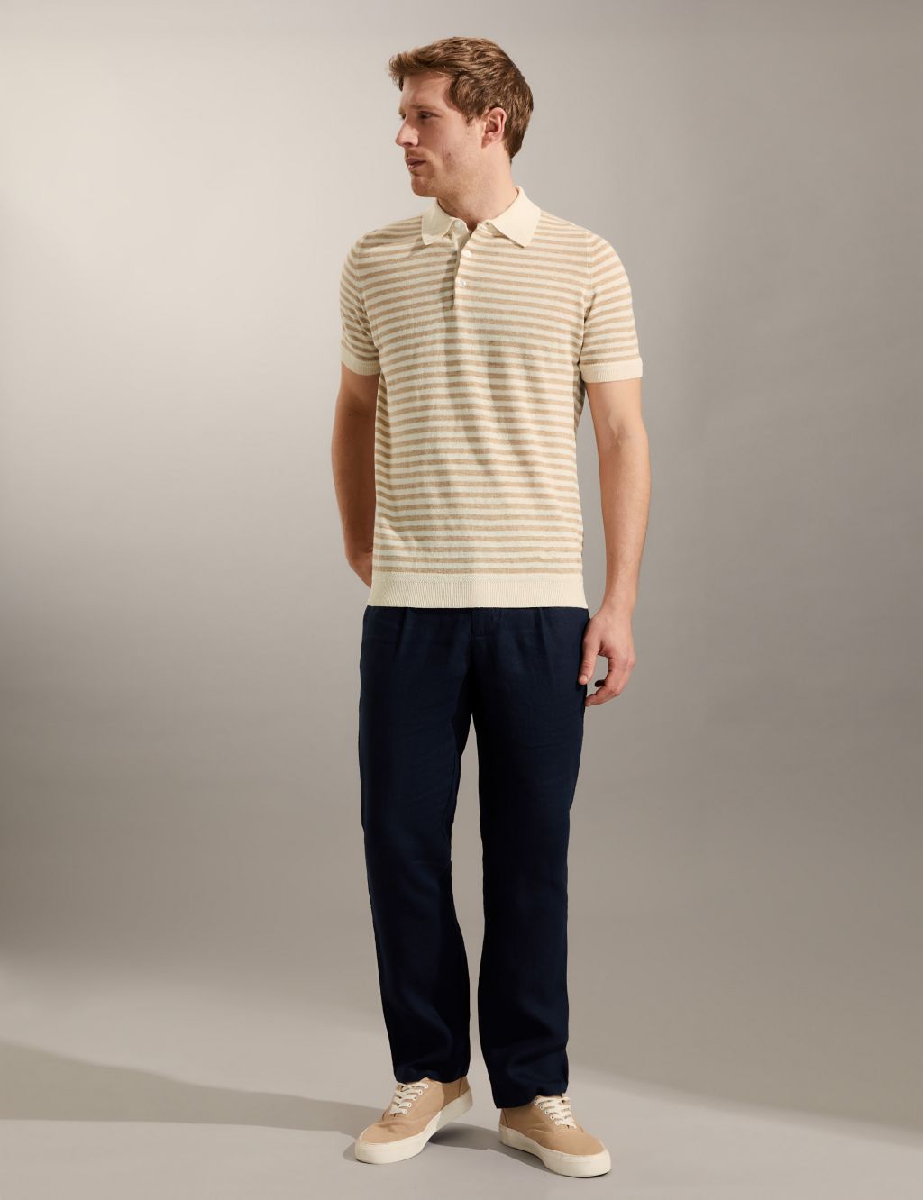 Linen Rich Striped Polo Shirt image 2