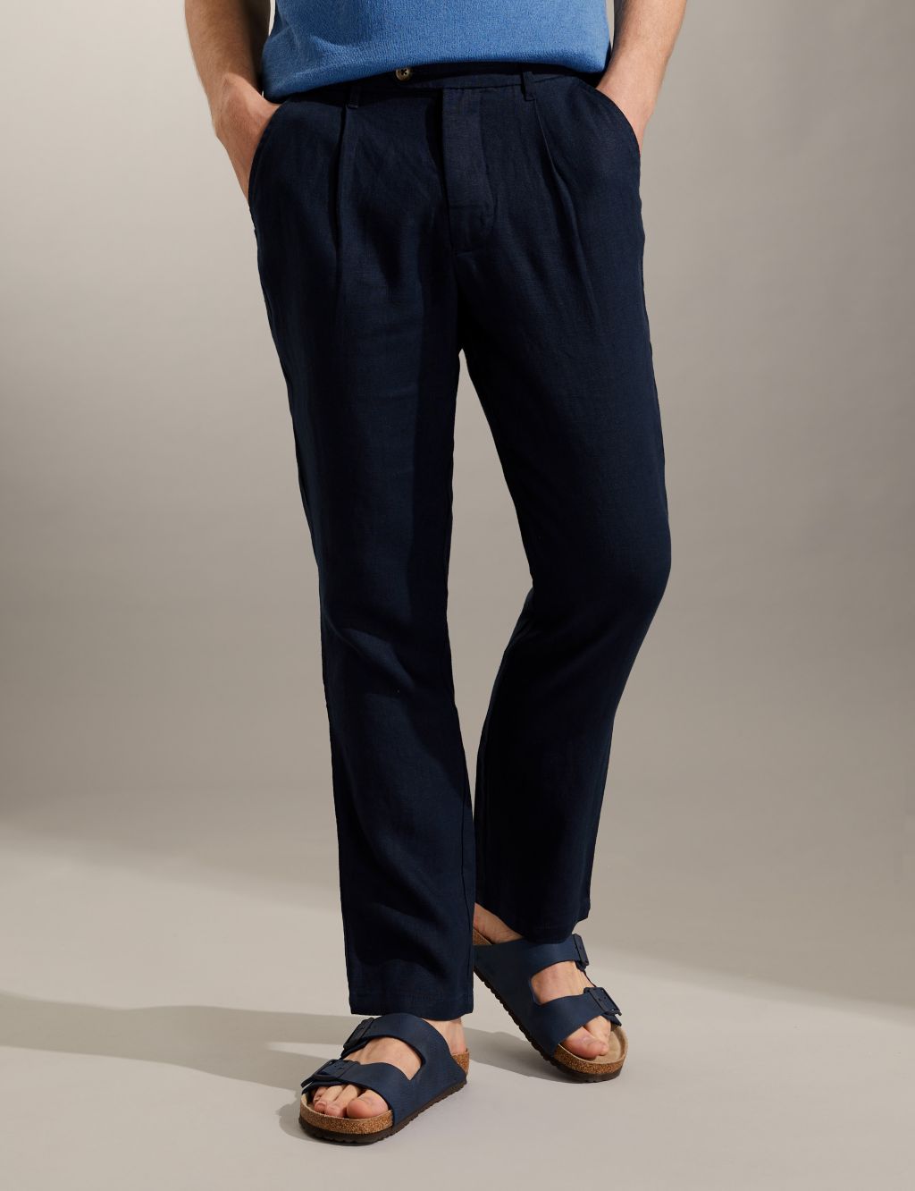 Tapered Fit Pure Linen Single Pleat Trousers image 2