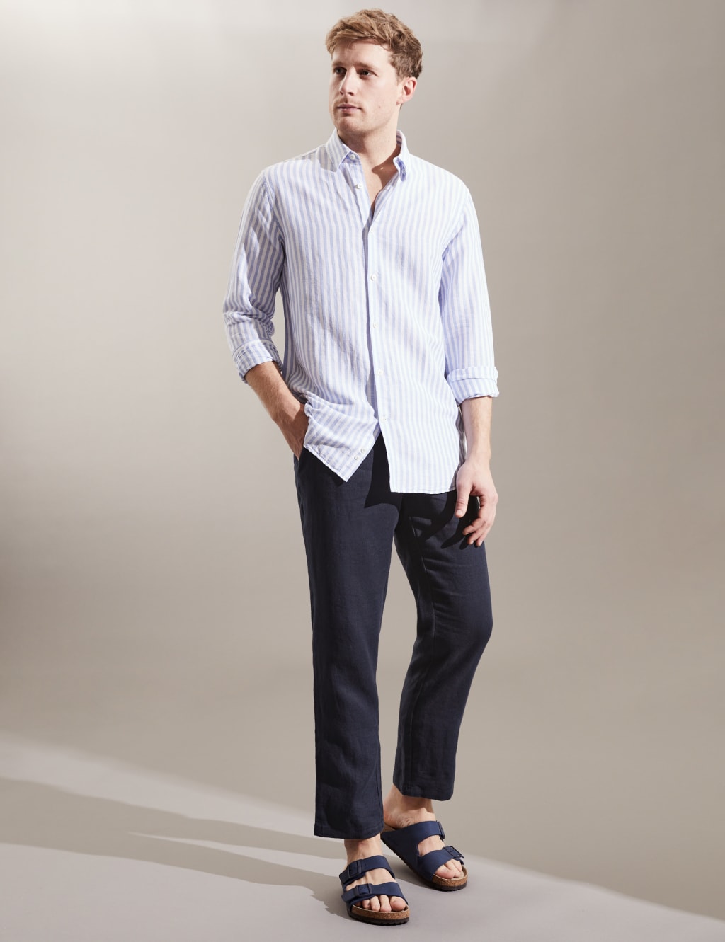 Tapered Fit Pure Linen Drawstring Trousers image 1