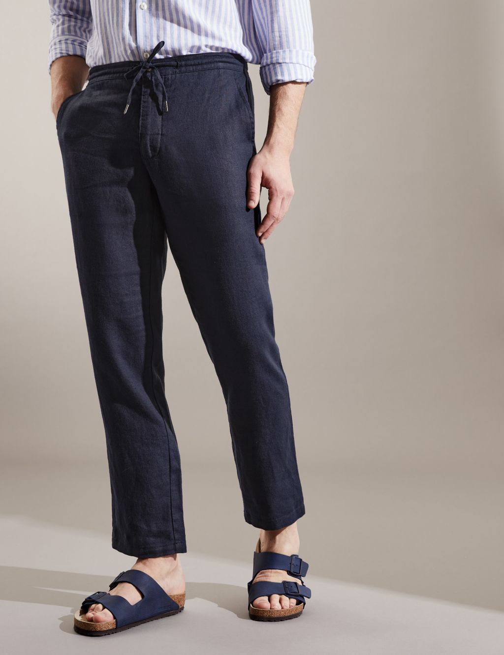 Tapered Fit Pure Linen Drawstring Trousers image 3
