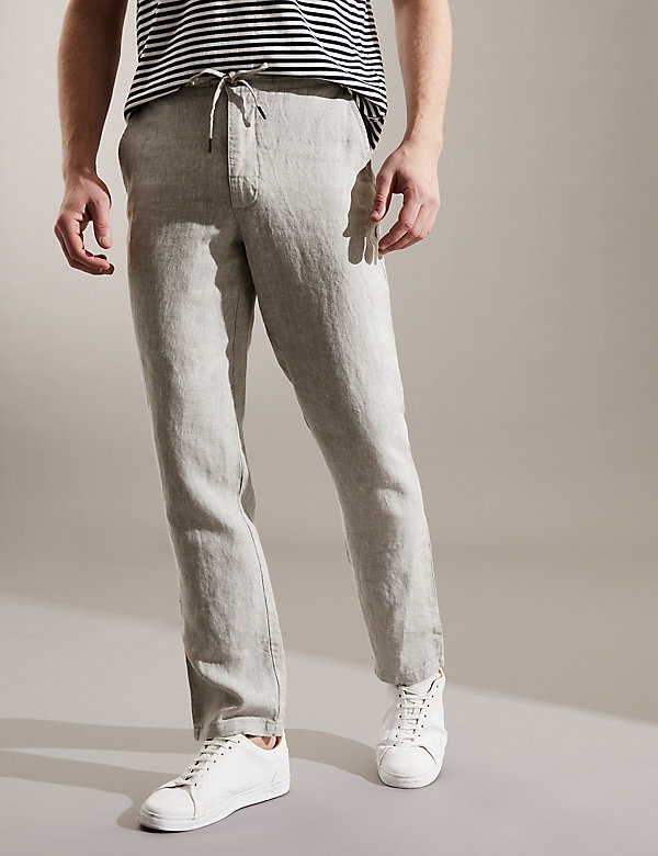 Tapered Fit Pure Linen Drawstring Trousers - JE