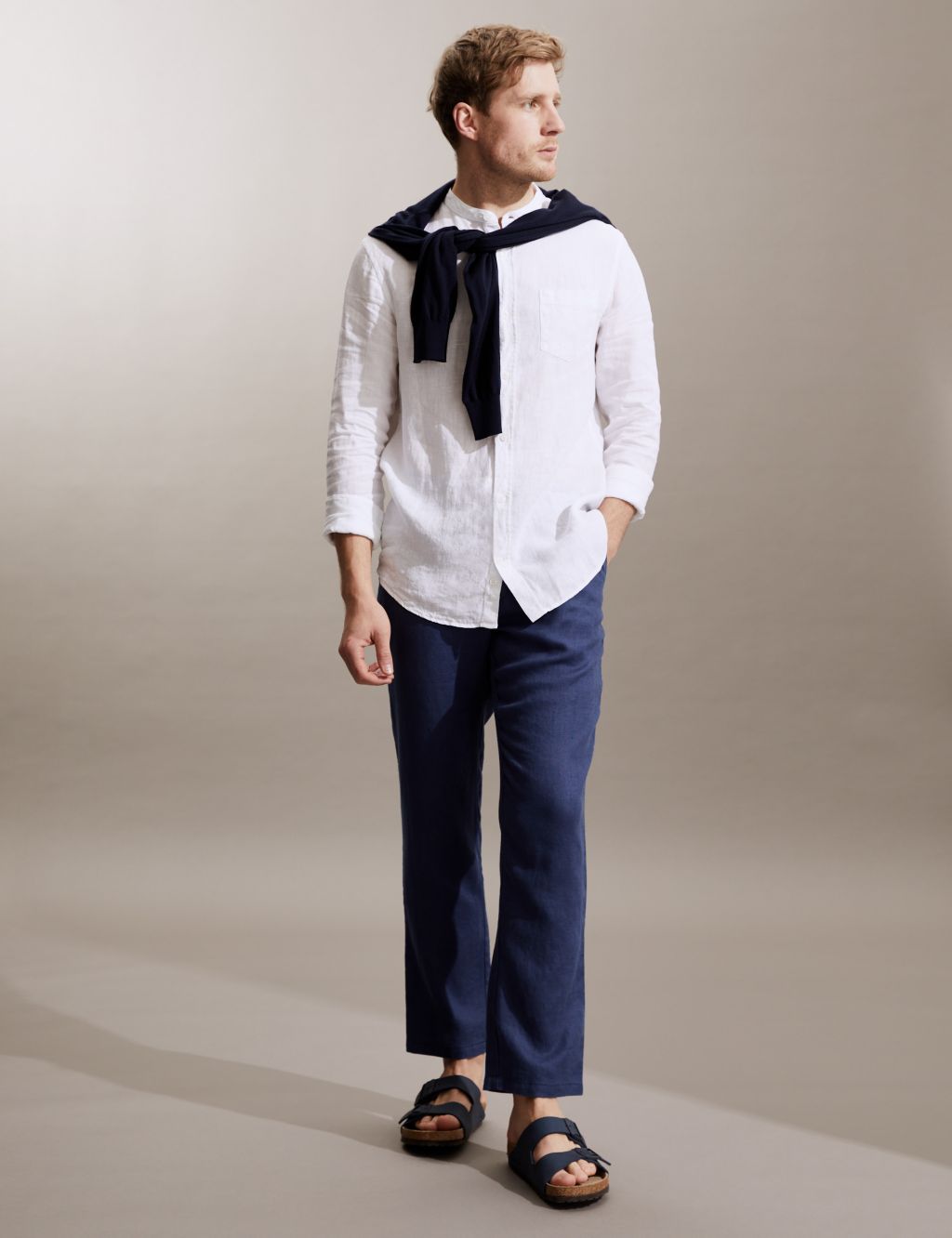 Tapered Fit Pure Linen Drawstring Trousers image 2