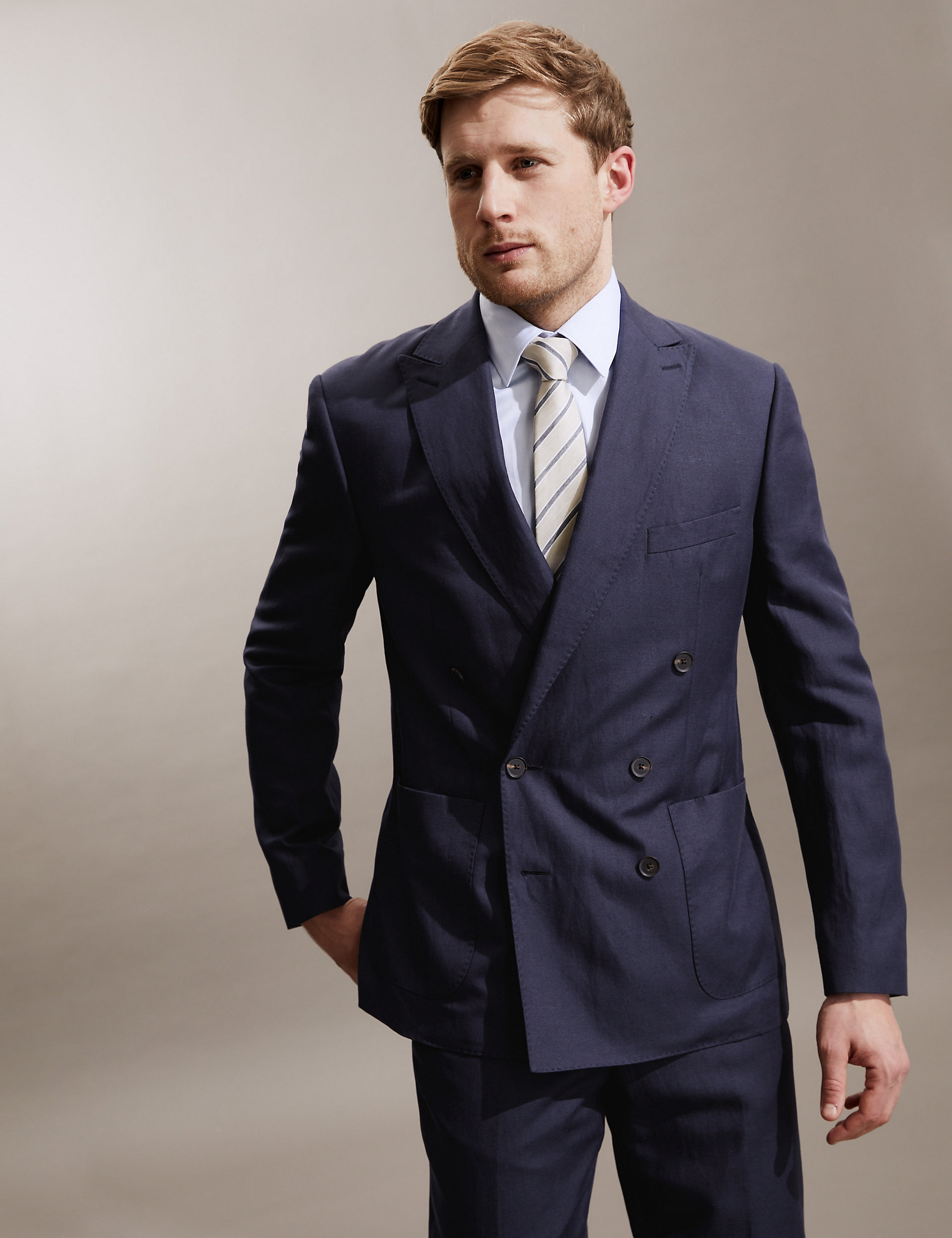 Tailored Fit Silk Rich And Linen Double Breasted Jacket