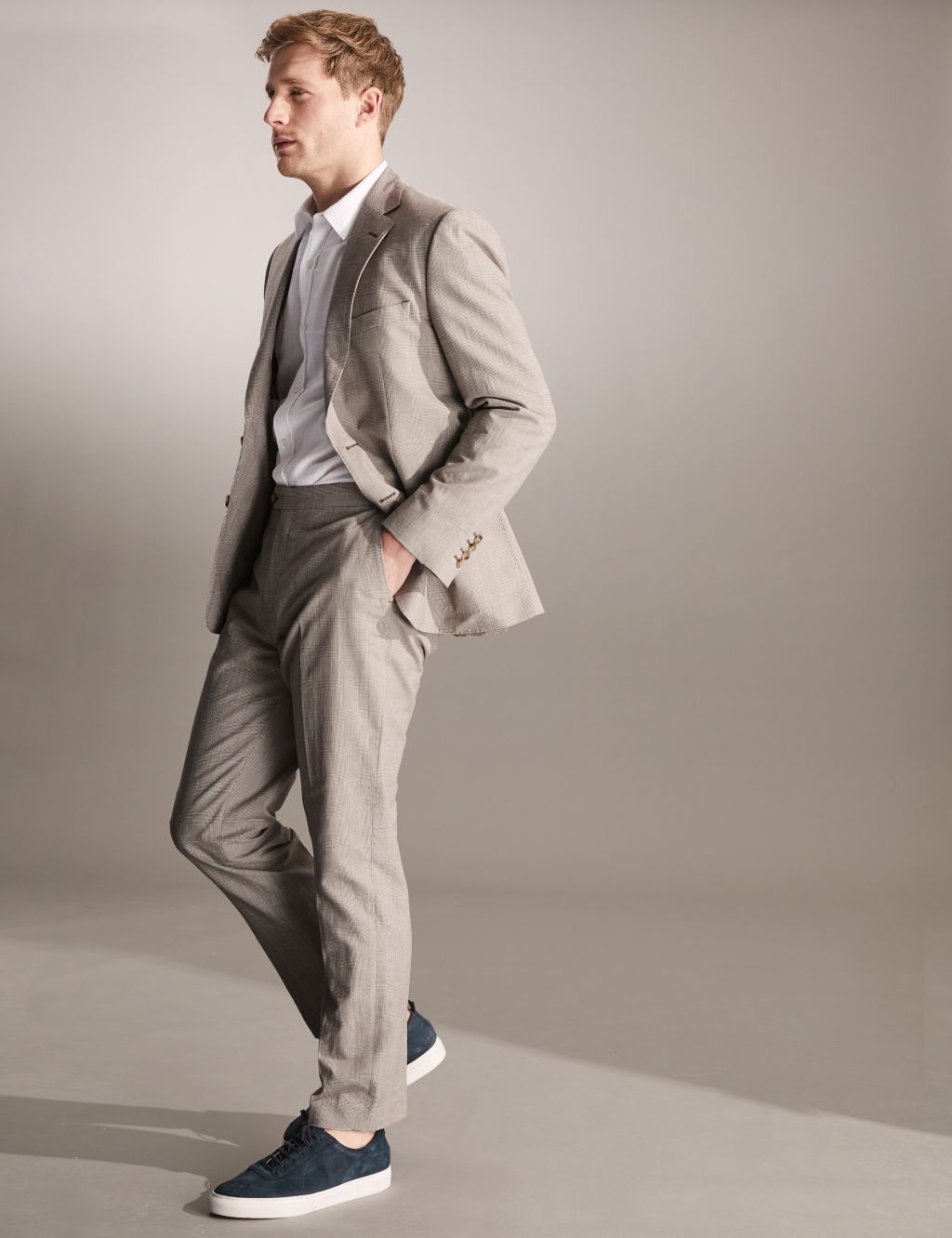Tailored Fit Cotton Blend Check Trousers image 2