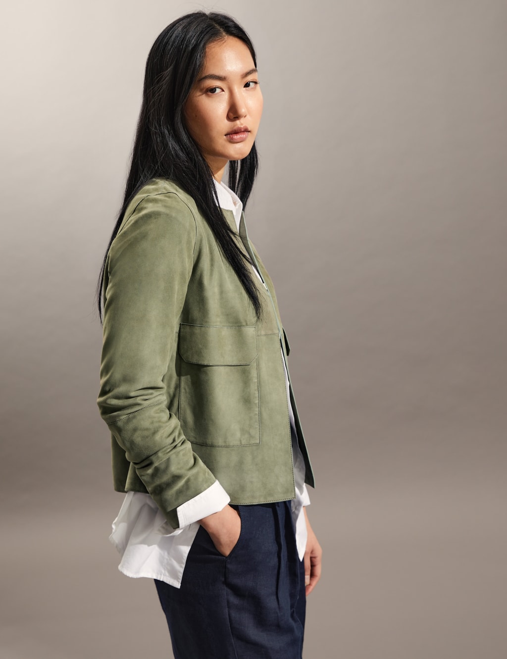 Suede Collarless Short Jacket image 3