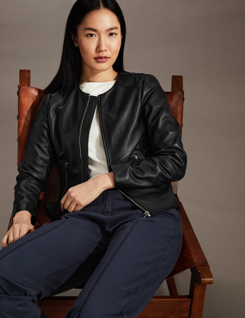 Leather Collarless Short Jacket image 1