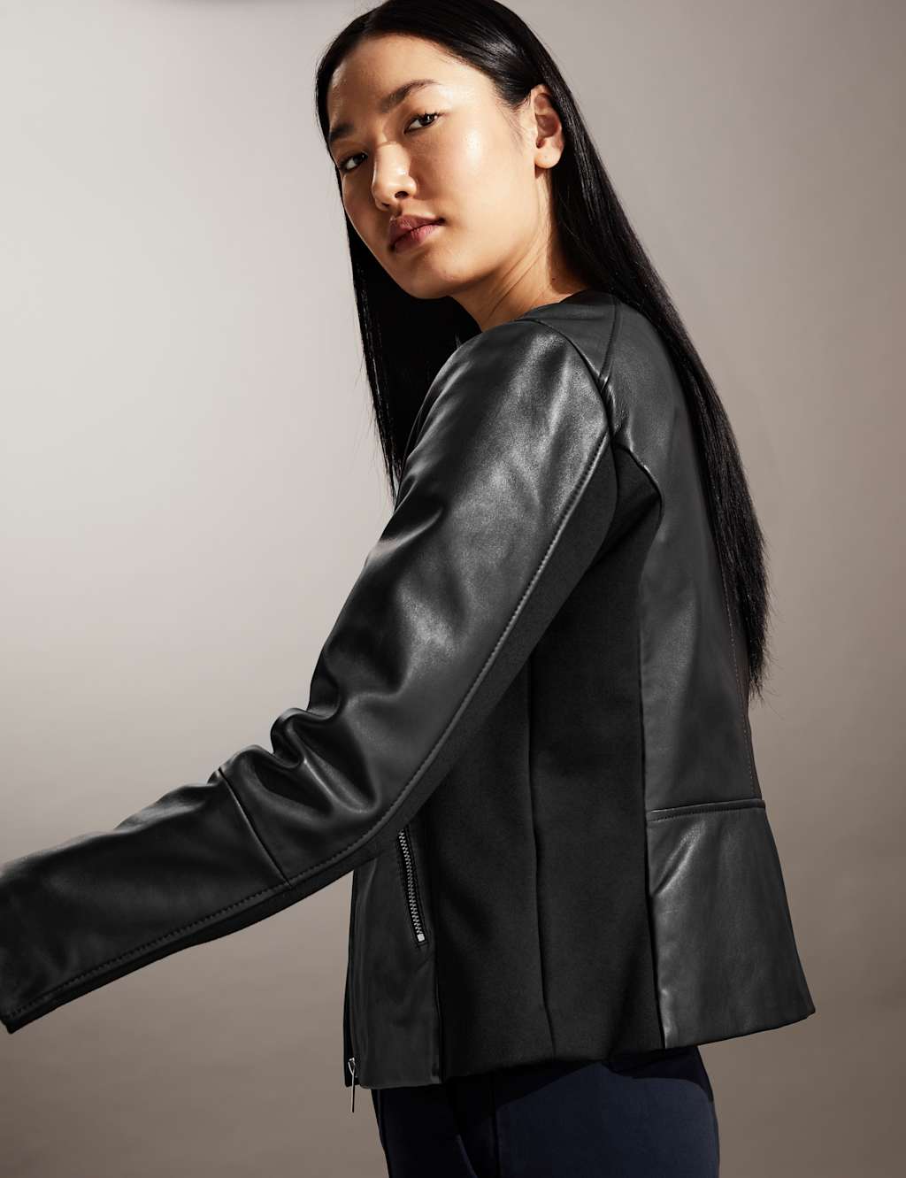 Leather Collarless Short Jacket image 3