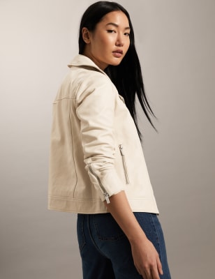 

JAEGER Womens Leather Biker Jacket - Ivory, Ivory