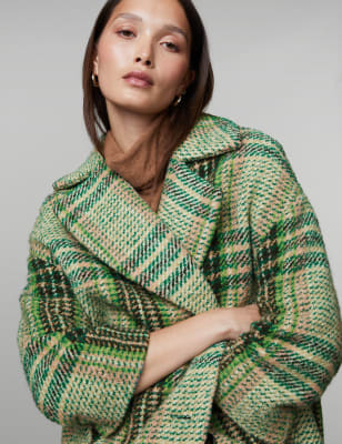 

JAEGER Womens Checked Longline Boyfriend Coat with Wool - Green Mix, Green Mix