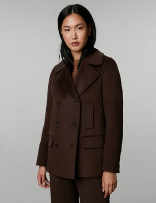 

JAEGER Womens Pure Wool Double Breasted Pea Coat - Brown, Brown