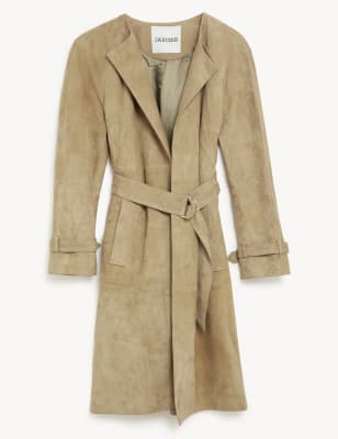 

JAEGER Womens Suede Belted Collarless Trench Coat - Camel, Camel