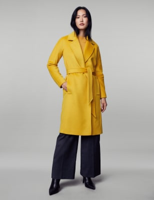 

JAEGER Womens Pure Wool Belted Wrap Coat - Yellow, Yellow