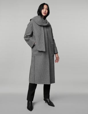 

JAEGER Womens Pure Wool Dogtooth Reversible Scarf Coat - Black Mix, Black Mix