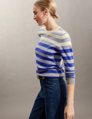 

JAEGER Womens Gestreifter Pullover mit hohem Wollanteil und Cashmere - Blue Mix, Blue Mix