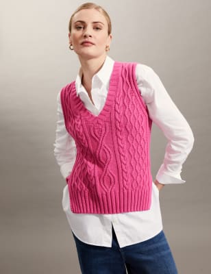 

JAEGER Womens Pure Cotton Cable Knit V-Neck Vest - Medium Pink, Medium Pink