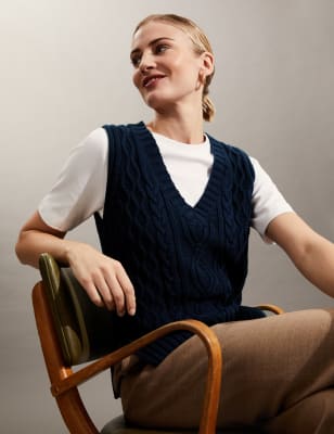 

JAEGER Camiseta de punto trenzado 100% algodón de escote en picoWomens - Navy, Navy