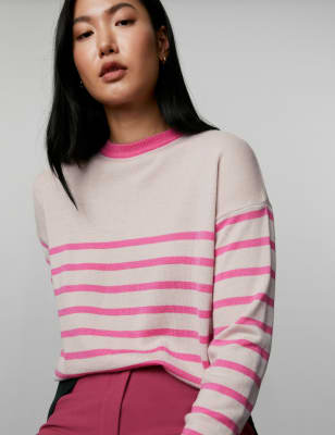 

JAEGER Womens Pure Merino Wool Striped Crew Neck Jumper - Pink Mix, Pink Mix