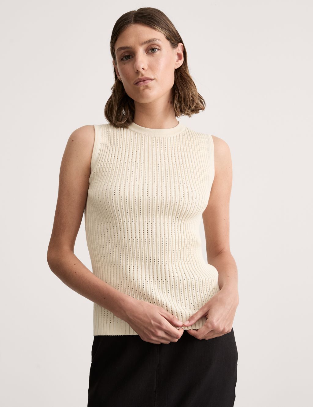 Cotton Rich Pointelle High Neck Knitted Vest