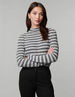 

JAEGER Womens Pure Merino Wool Striped Funnel Neck Jumper - Grey Mix, Grey Mix