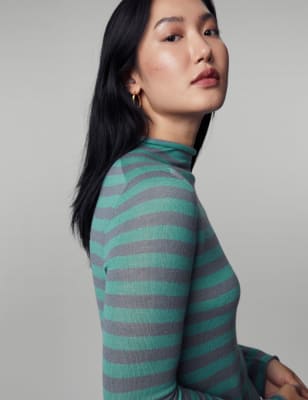 

JAEGER Womens Pure Merino Wool Striped Funnel Neck Jumper - Teal Mix, Teal Mix