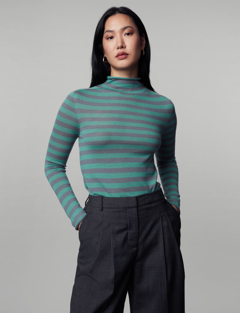 Pure Merino Wool Striped Funnel Neck Jumper image 2