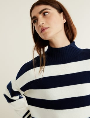 

JAEGER Womens Wool Rich Striped Jumper With Cashmere - Navy/White, Navy/White