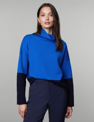 

JAEGER Womens Merino Wool Rich Colour Block Jumper - Blue Mix, Blue Mix