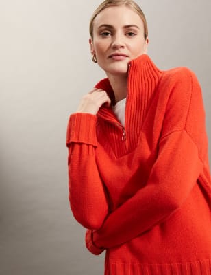 

JAEGER Womens Wool Rich Funnel Neck Jumper with Cashmere - Bright Orange, Bright Orange